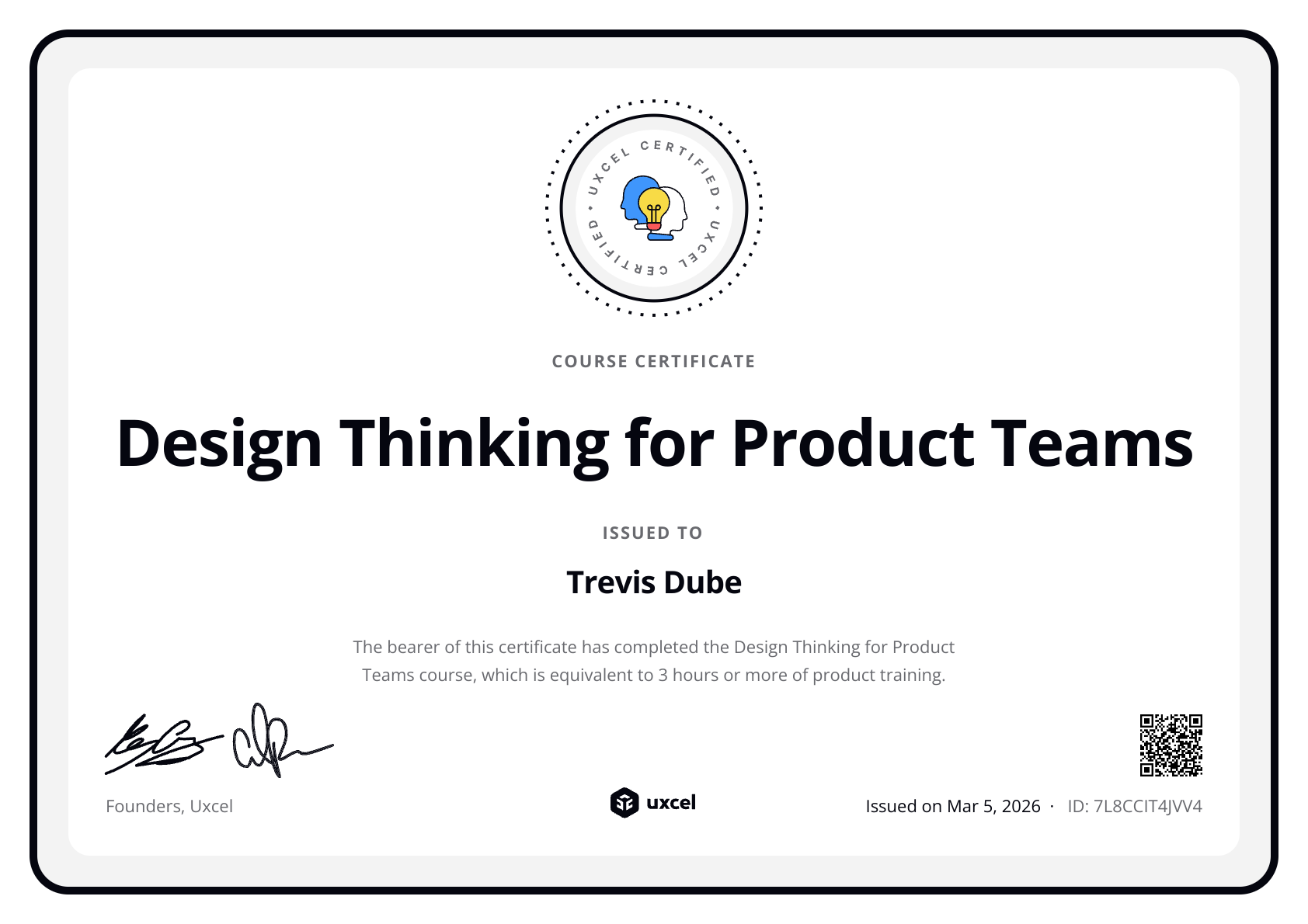 Trevis Dube's certificate